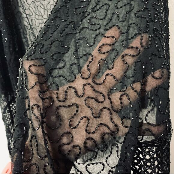 Scala Black Beaded Fringe Sheer Shawl Wrap Boho Jeweled Special Occasion Chic - Picture 9 of 11